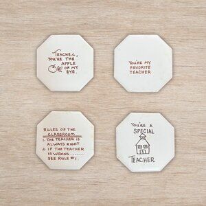Lot of 4 Vintage Hand Painted Tiles Teacher Theme Small Craft Designs (G)